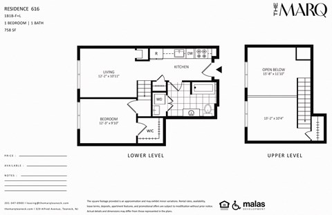 Floor plan for 1 bed, 1 bath, 758 sqft